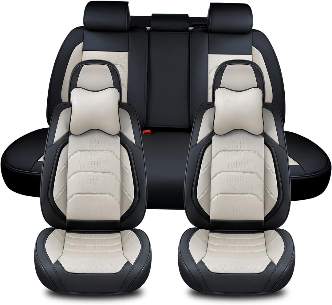 Car Seat Covers Full Set, Breathable Nappa Leather Car Seat Cushions, Auto Interiors Universal Fit for Most Cars, Compatible Automotive Vehicles(Sedan/SUV/Van), Black & White (Front Pair&Rear)