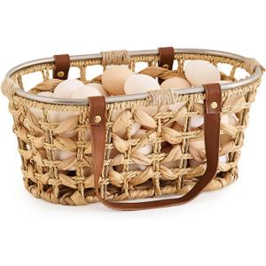 Egg Baskets for Collecting Fresh Eggs Farmhouse Handmade Wicker Hyacinth Egg Collecting Basket with Handle (Oval-Water Hyacinth)