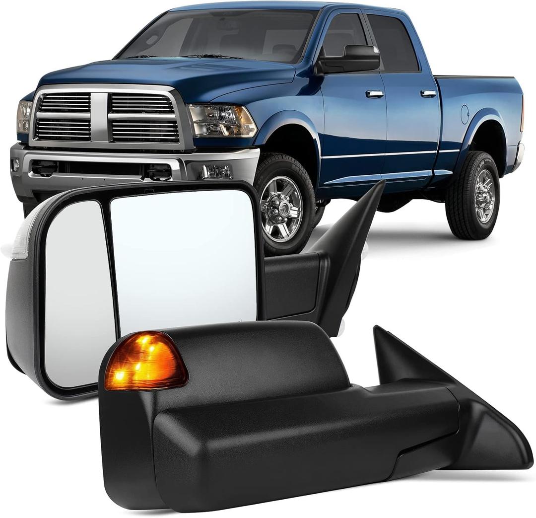 OCPTY Power Heated Tow Mirrors Fit For 2011-2016 For Ram 1500 2500 3500 Driver &Passenger Side Towing Mirrors With Turn Signal Puddle Light Black