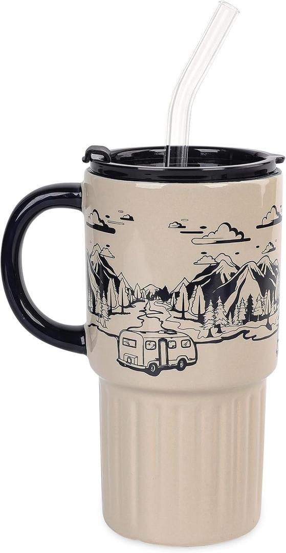 Ceramic Travel Coffee Mug with Lid and Straw - 20 oz Camper Design, Spill-Proof, Reusable for Hot and Cold Beverages, Black and Beige