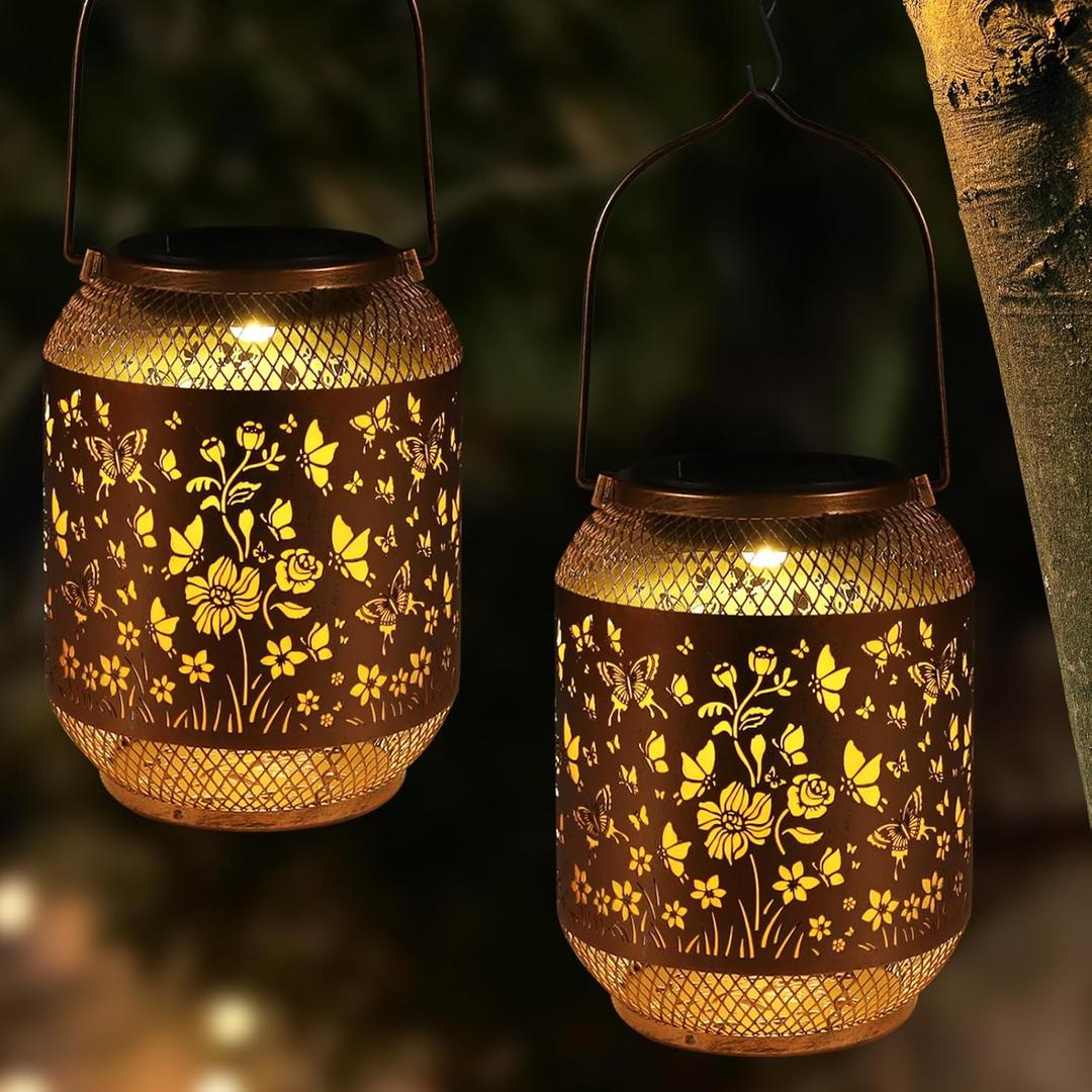 2 Pack Butterfly Swarm Solar Lanterns Outdoor Waterproof Birthdays Gifts for Women Mom Grandma Metal Hanging Hollow Out Garden Decorative Solar LED Light for Yard, Patio, Lawn, Porch, Backyard