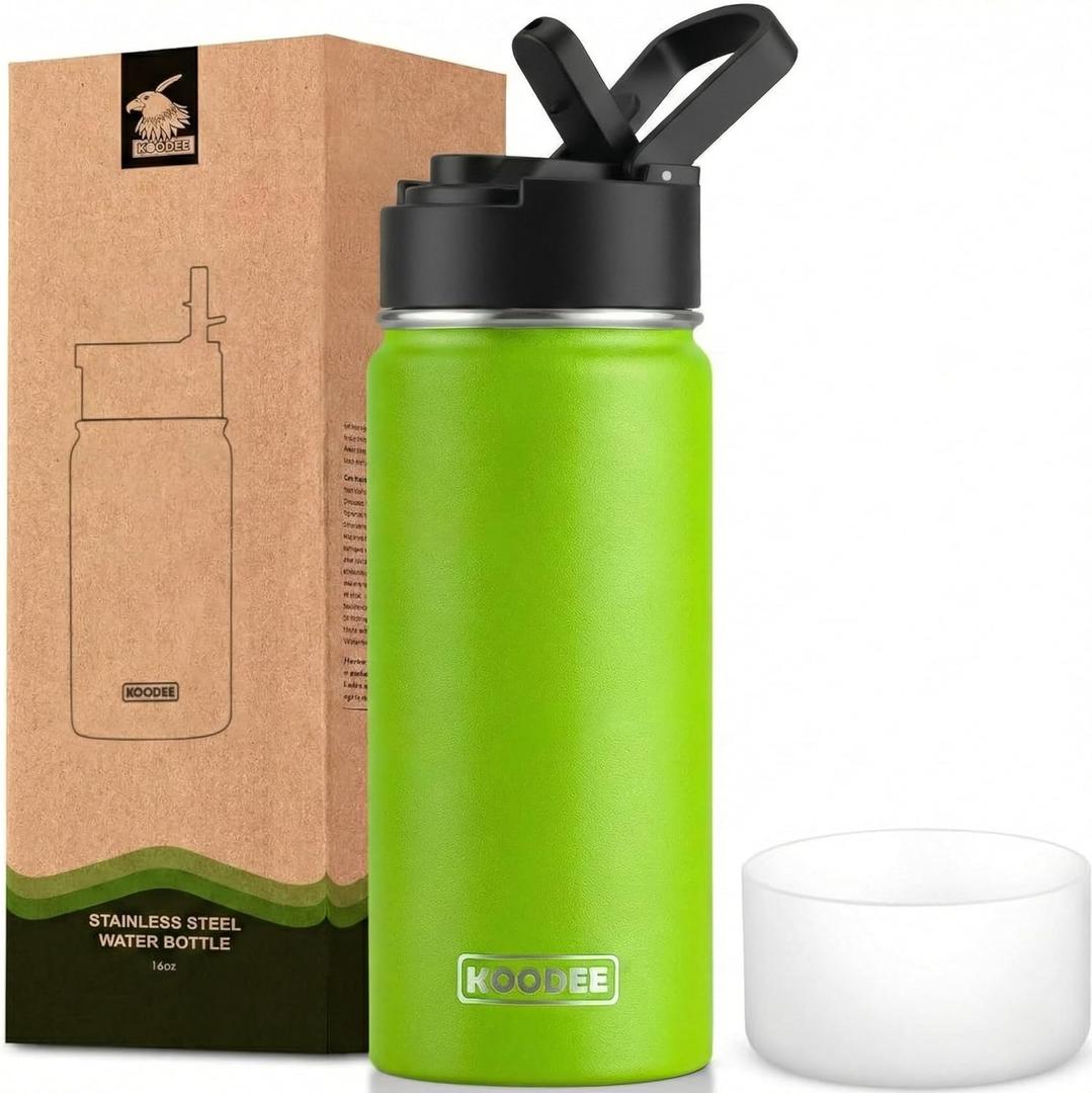 Koodee 16 Oz Water Bottle-Stainless Steel Double Wall Vacuum Insulated Wide Mouth Water Flask with Straw Lid, BPA Free (Apple Green)