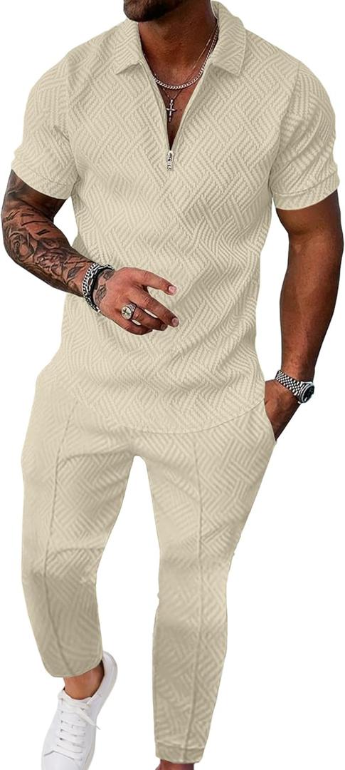 UOUA Men's Sweat Suits Set Tracksuit 2 Piece Outfits Short Sleeve Casual Sweatshirt & Loose Jogging Pants (Large, Beige)