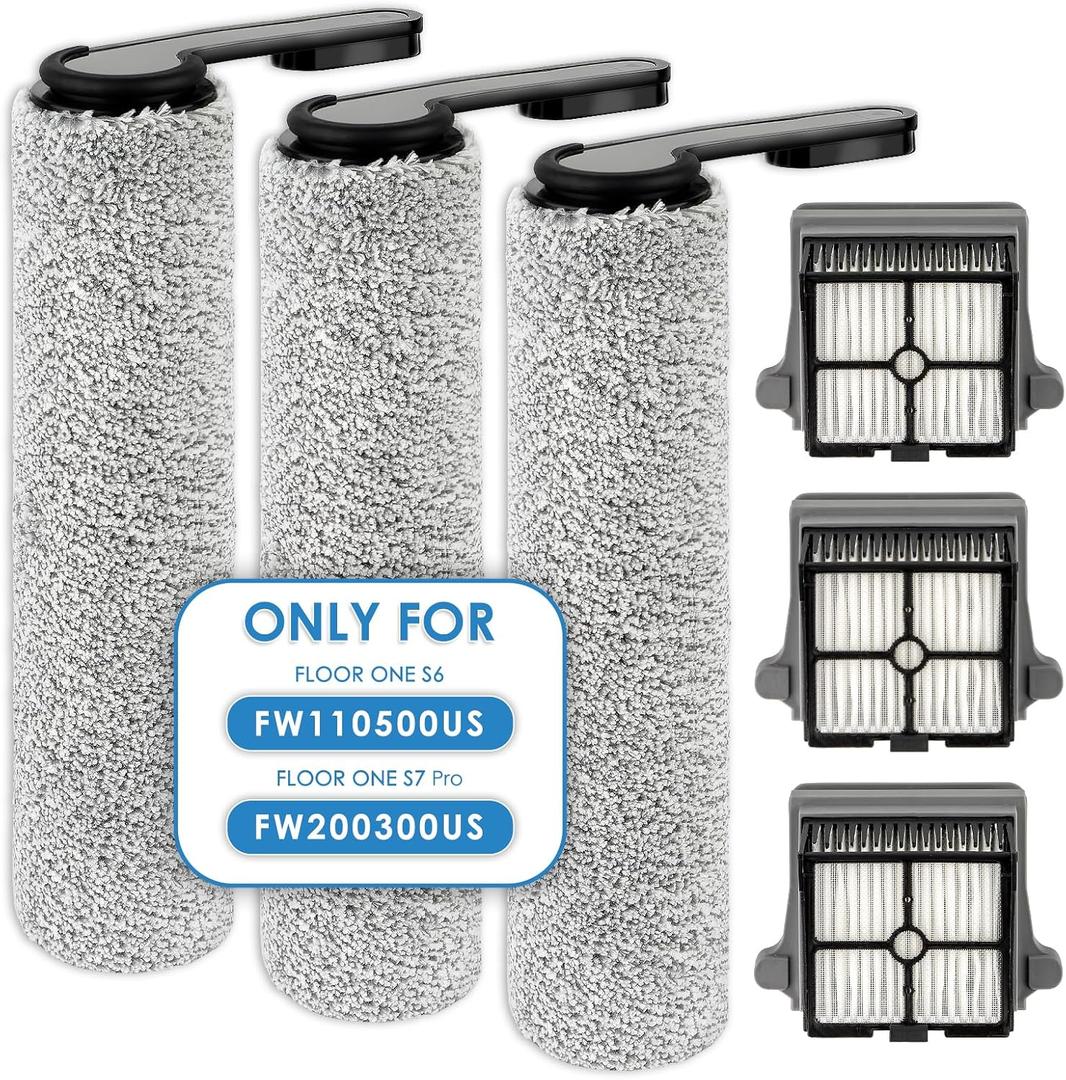 ROLLER HANDLE NOT DETACHABLE(6 Pack) Brush Rollers and HEPA Filters for Tineco Floor ONE S7 PRO/ONE S6 Smart Cordless Wet Dry Vacuum Cleaner, Replacement Parts, 3 HEPA Filters, 3 Brush Rollers