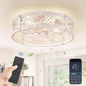 LEDIARY 20" Caged Ceiling Fan with Light, Small Flush Mount Ceiling Fan with App&Remote, Low Profile Bladeless Ceiling Fan Light Fixture 6 Speed, Reversible and Quiet Motor-White Gold