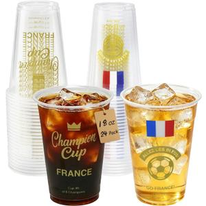 18 oz Champion Cup Salute To France, 2-Time World Soccer Champion, 24-Count Disposable Plastic Party Cups, National Flag Themed for Fan Event Decorations Game-Day Festival, ALLEZ LES BLEUS
