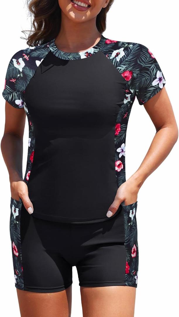 Daci Women's Two Piece Rash Guard UPF 50 - Short Sleeve Swim Shirt with Built-in Bra and Shorts with Pockets (Large, Black & Green Leaf Flower)