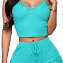 RUEWEY Women's V-Neck Sleeveless Pajamas Set Lace Cami Set with Short Pants Sleepwear PJ Set Nightwear, S