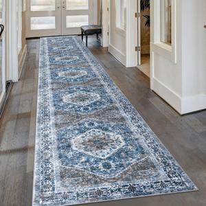 KOZYFLY Runners for Hallways 2.6x16 Ft Extra Long Washable Kitchen Runner Rug Boho Runner Rug for Entryway Indoor Blue Printed Oriental Faux Wool Stair Floor Carpet Runner for Stair Kitchen Hall (Blue/Brown/White)