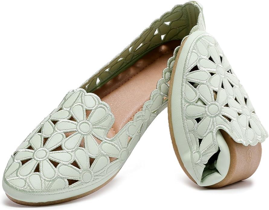 HEAWISH Women's Floral Ballet Flats for Women Black Beige Slip On Flowers PU Leather Round Toe Dress Shoes 8