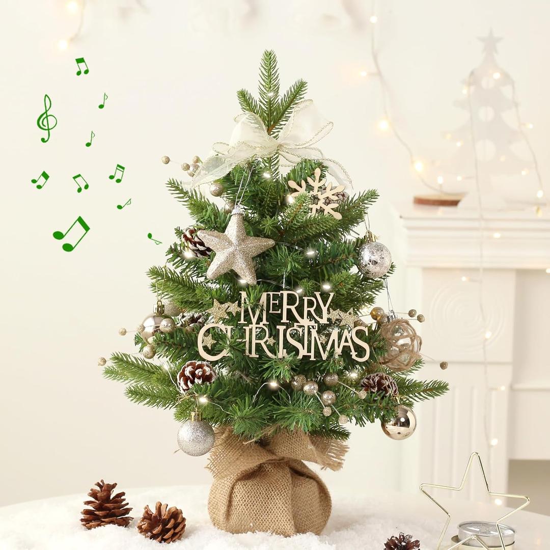 Mini Christmas Tree, Tabletop Small Christmas Tree Green Prelit Christmas Tree with Music Artificial Xmas Tree with Xmas Ornaments Christmas Decorations Indoor Outdoor for Home Party