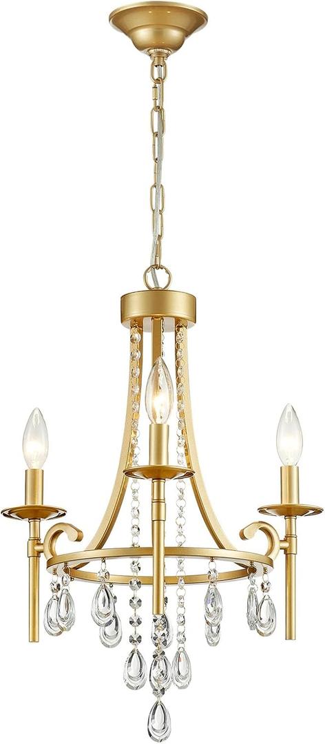 Small Crystal Chandelier, 3-Lights Modern Crystal Chandeliers for Dinning Room, Wagon Wheel Gold Chandelier, Farmhouse Hanging Pendant Light Fixture for Bedroom Hallway Entryway Bar Kitchen Bathroom