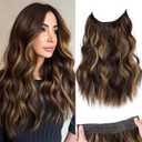KooKaStyle Invisible Wire Hair Extensions with Transparent Headband Adjustable Size 4 Secure Clips Long Wavy Secret Wire Hairpiece for Women(16 Inch Chestnut Brown with Blonde Highlights)