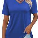 Heymiss Womens Summer Tops Casual V Neck Tshirts Short Sleeve Loose Fit Blouses Beach Vaction Clothes Criss Cross (Small, Blue)