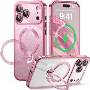 360 Spin CD Stand for iPhone 17 Pro Max Case Compatible with Magsafe Ring [Never Yellow][DIY Glitter Cardstock] Camera Protection Plating Clear Cute Phone Case for Women Girls 6.9'', Pink