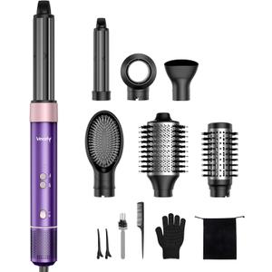 7-in-1 Hair Dryer Brush and Hair Styler Set  Fast Drying, Curling, Straightening & Volumizing  Hot Air Styling Tool with No Heat Damage  for All Hair Types  Purple