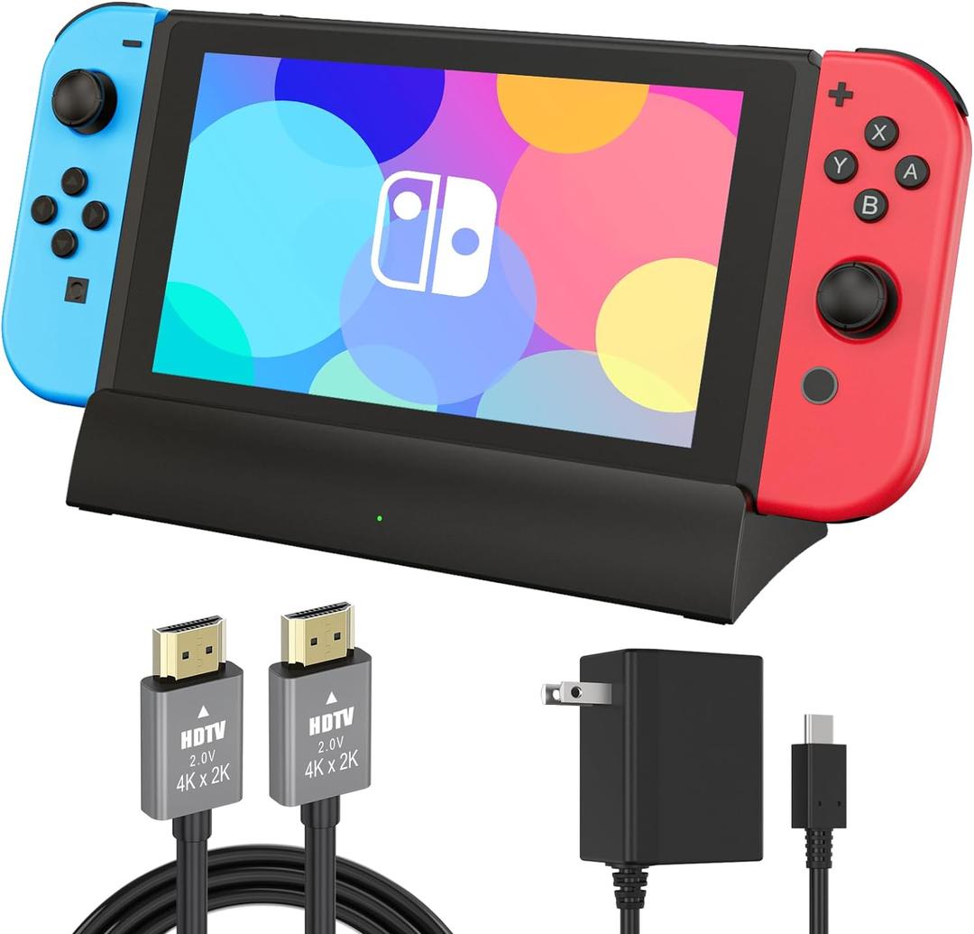 TV Docking Station for Switch, Replacement for Official Dock, Supports 4K HDMI Output with HDMI Cable and 15V/2.6A USB-C Charger