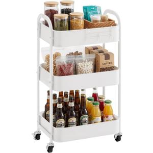 MAX Houser 3-Tier Rolling Utility Cart with Caster Wheels, Easy Assembly, for Kitchen, Bathroom (White)