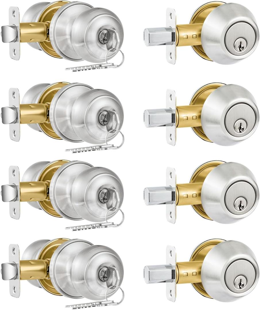 Plustool 4 Pack Exterior Door Lock Set, Satin Nickel Door Knob and Deadbolt Combo Set, Keyed Alike Entry Door Knobs with Lock&Keys, Round Ball Door Locksets with Deadbolt for Entrance and Front Door