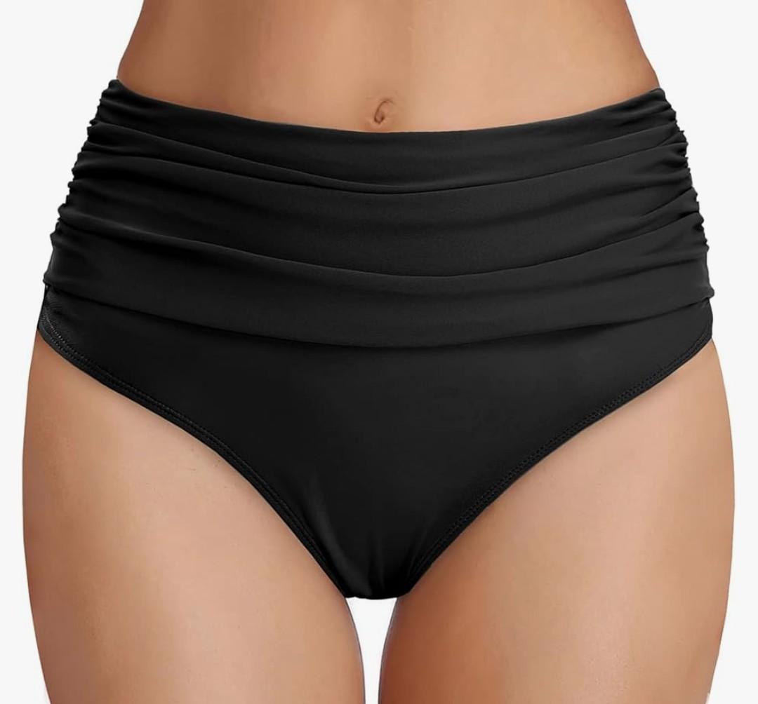 Tempt Me Women's High Waisted Bikini Bottom Tummy Control Ruched Bathing Suit Swim Bottom M, Black