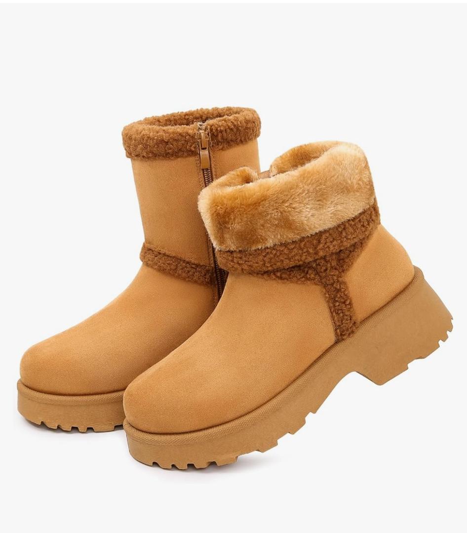 Women's Slip On Winter Snow Boots, Faux Fur Lined Platform Mid calf Booties with Zipper Riding Walking Outdoor, Size 8