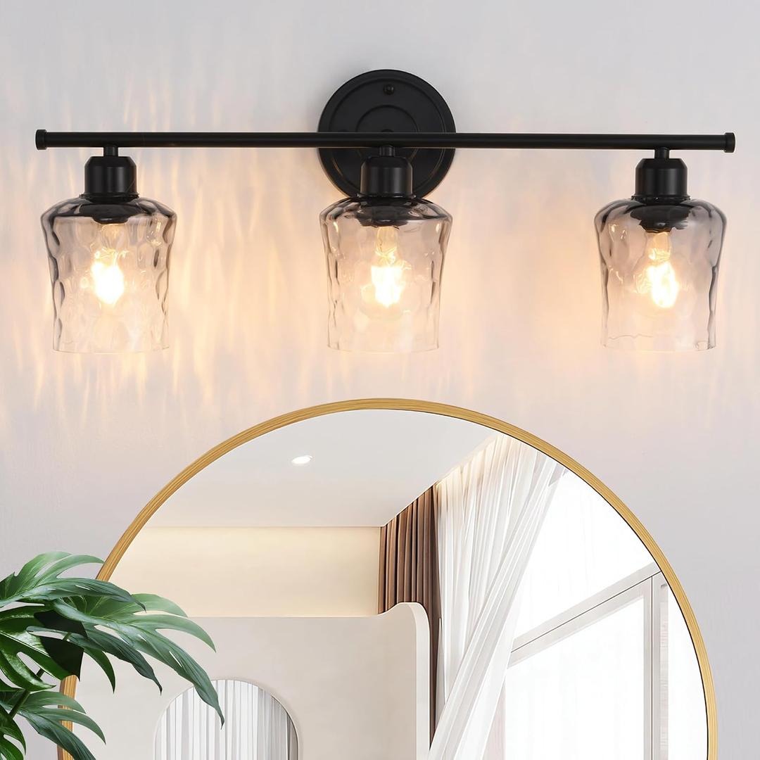 3-Light Bathroom Light Fixtures Black Vanity Light with Grey Glass Shade