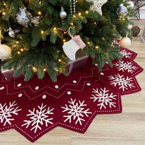 60-Inch Reversible Knit Tree Skirt with Christmas StarInspired Pointed Edge Border and Lace-Up Closures, Machine Washable Thick Acrylic Yarn, Burgundy & White