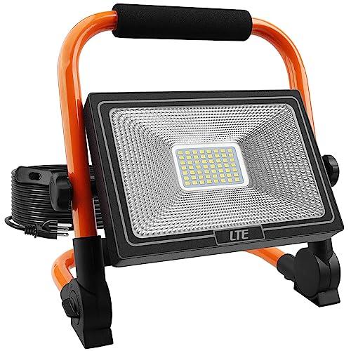 LTE 50W LED Work Light, 4300LM 500W Equivalent Portable Light IP66 Waterproof Outdoor Flood Lights 16.4FT Cable with Plug Switch, 5000K Daylight, Adjustable Job Site Lighting for Garage Workshop