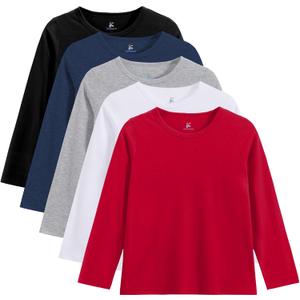 5 Pack Boys Long Sleeve Shirts Kids Soft Crewneck Tee T-Shirt Basic Long Sleeve Top (9-10 Years, Color A-deep Blue, Light Gray, Red)