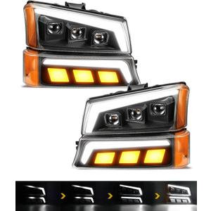 Set of 2 Partsam LED Headlights Assembly DOT Approved with Start-up Light DRL Sequential Turn Signal Hi/Low Sealed Beam Side Marker Lights Replacement for Silverado Avalanche 2003-2006