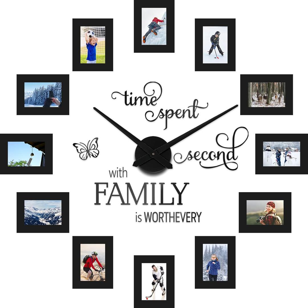 Sratte 3D Large Family Photo Clock Frame Wall Decor, 5 x 3.5 Inch Family Tree Decor, Paper Photo Frame DIY Clock Quote Wall Stickers Kit for Home Office Living Room Bedroom Mother's Day(Black)
