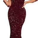 Velvet Sequin Full Sleeve Lace Floral Party Evening Dress Burgundy X-Large