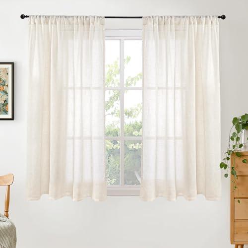 BGment 54 Inch Length Natural Linen Curtains for Short Window - Rod Pocket Semi Sheer Beige Drapes Light Filtering for Living Room Bedroom Textured Rustic Decorative, 2 Panels, Each Panel 42 Inch Wide