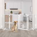 Metal Freestanding Dog Gate with Cat Door for Indoor/Outdoor,80" Extra Wide Foldable Pet Gate,32" Tall Foldable Indoor Dog Fence for Large Openings Stairs,Deck,Yard,Doorways(4 Panels,White)