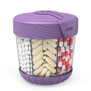 HIONXMGA Pill Dispenser with 7 Large Compartments, Portable Pill Bottle Organizer for Travel, Anti-Mixing Supplement Organizer Easy Twist Wide-Opening, BPA-Free Pill Container with 20Pcs Labels, Purple