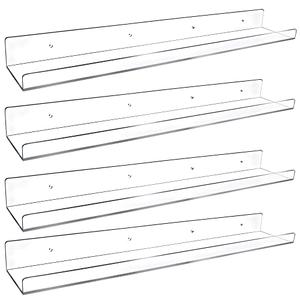 Febwind 4 Pack 24-Inch Long Clear Acrylic Floating Shelves Wall Ledge Invisible Wall Mounted Floating Bookshelf U Shape Wall Shelf for Book Display Makeup Product Spice Organizer