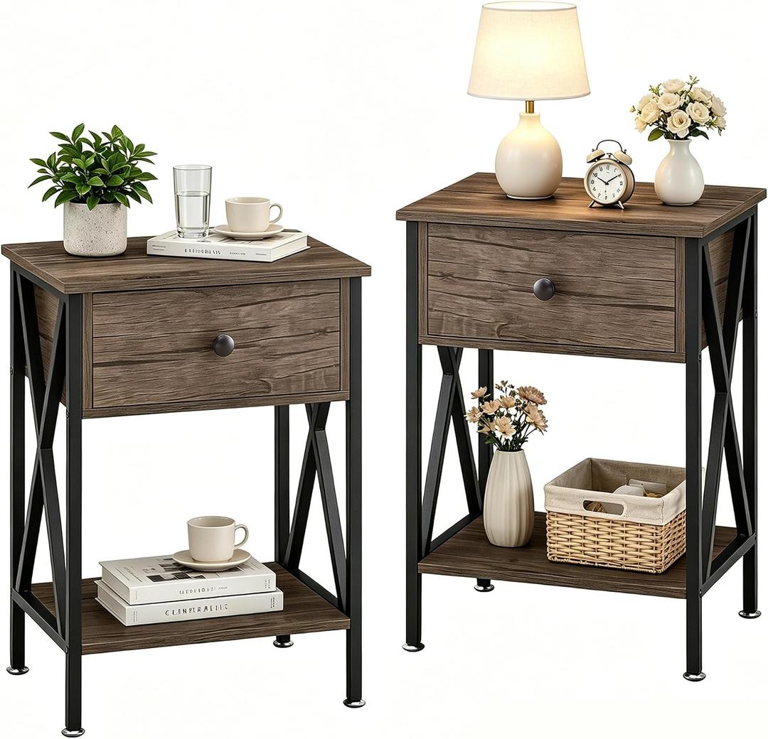 VECELO Nightstands Set of 2, Modern Bedside End Tables, Night Stands with Drawer and Storage Shelf for Living Room Bedroom, Industrial Metal Frame