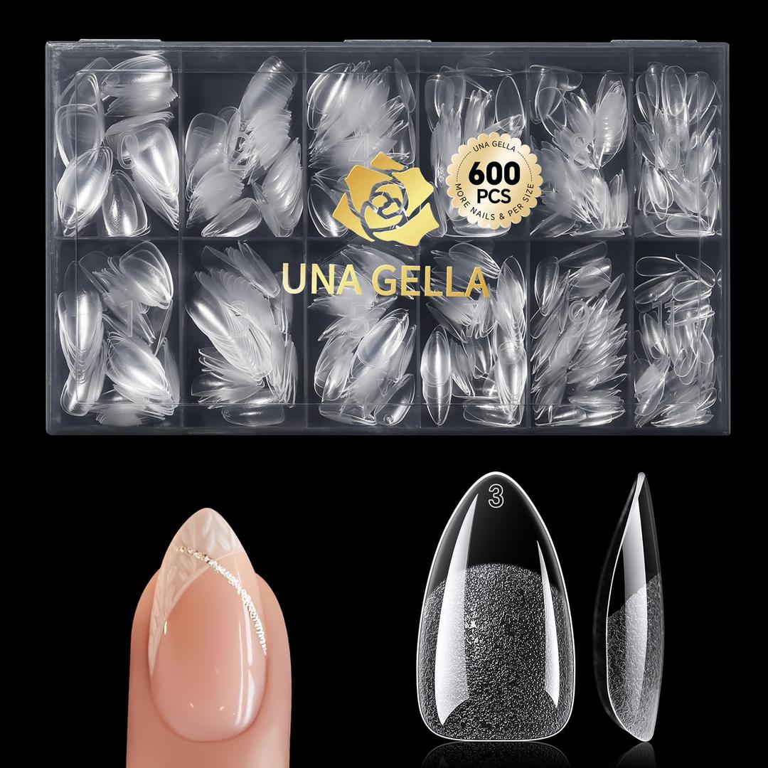 UNA GELLA Short Almond Gel Nail Tips, 600 Pcs X-Soft Nail Tips Almond Shape Pre-Filed Clear Press On Nails 12 Sizes Full Cover Fake Nails for Extension Home DIY Salon