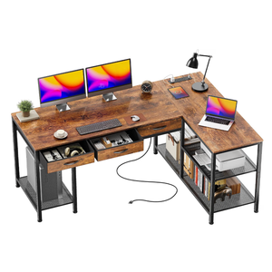 55 Inch L Shaped Office Desk with Power Outlets and Type-C Port, Large Computer Gaming Desk with 3 Fabric Drawers, Mesh Shelves, Corner Study Work Writing Desk, Rustic Brown