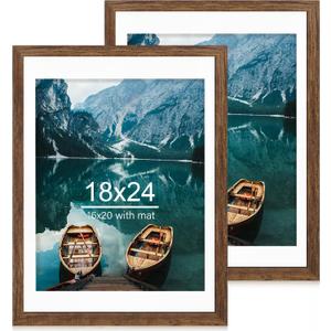 18x24 Frame Set of 2, Rustic Brown Wood Style - Display 18 x 24 Poster without Mat or 16x24 Picture with Mat, Wall Mounting Horizontal and Vertical