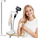 Hair Dryer Stand with 360 Rotating Head, Hands Free, Large Hook,Heavy Duty Base, Adjustable Height, TPU Padded Clip, Aluminum Alloy Holder for Home or Salon (White)