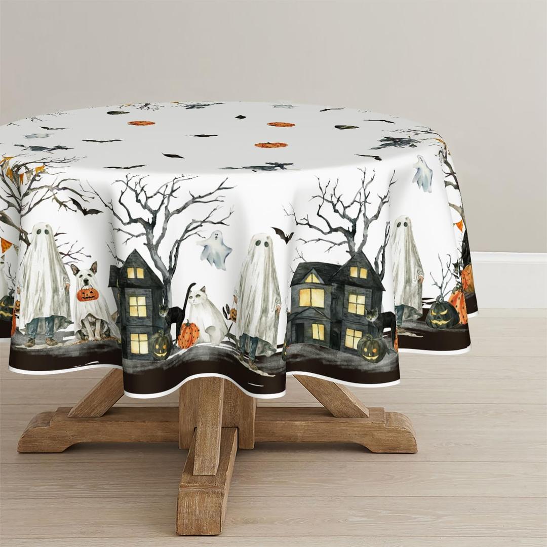 Horaldaily Halloween Tablecloth 6060 Inch Round, Jack-O-Lantern Pumpkin Cobweb Ghost Dog Bats Washable Table Cover for Party Picnic Dinner Decor