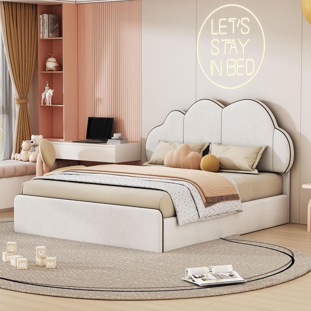 DNYN Queen Size Modern Upholstered Platform Bed for Bedroom,Wooden Gound Bedframe w/Cloud-Shaped Headboard,No Box Spring Needed & Easy Assembly, Beige