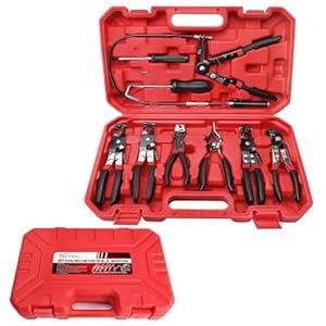 BETOOLL 9pc Hose Clamp Pliers, Professional Automotive with Flexible Wire Long Reach, Clic R Type Swivel Jaw and Flat Band Pliers for Coolant Radiator Heater/ Water Hose (Red/ Black)