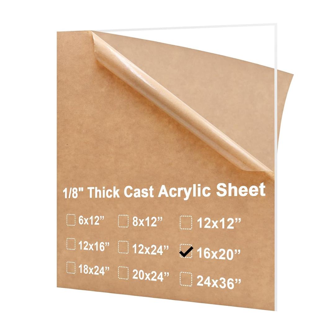 KINLINK 16x20 Plexiglass Sheets 1/8 inch Thick, 3mm Clear Cast Acrylic Sheet, Plastic Board for DIY Project, Craft, Window Glass, Table Top, Picture Frame, Acrylic Sign and Wedding Invitation 1 Pack