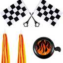 Liliful 5 Pcs Kids Bike Accessories Sets Include 2 Pcs Flame Bike Tassel Streamers Bell 2 Black and White Checkered Flags Pinwheel Toddler Kids Boys Girls Gift Decoration Kit