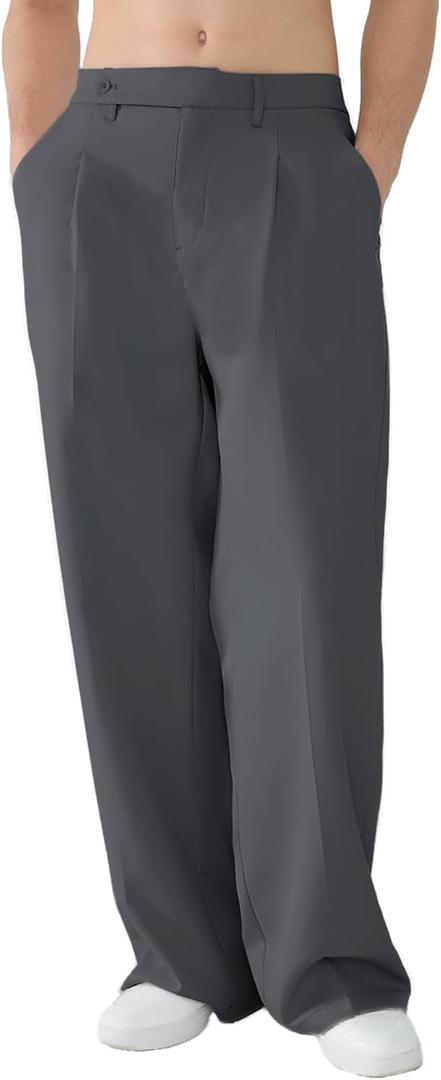 Susclude Mens Casual Dress Pants Pleated Old Money Wide Leg Baggy Pants Fall Relaxed Fit Slacks Work Trousers (XX-Large, Dark Grey)