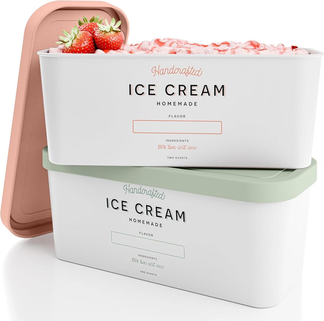 ZICOTO Set of 2 Reusable Ice Cream Tub Containers 2 Quart Each - Perfect for Homemade Sorbet, Frozen Yogurt Or Gelato - Stackable Storage Containers, Stickers And Lids Stores Easily In Freezer