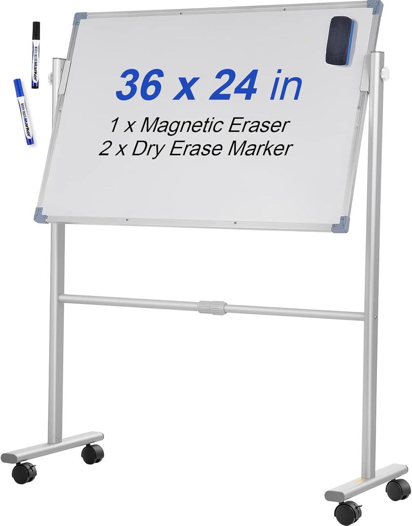 VEVOR Mobile Magnetic Whiteboard, 36 x 24 Inch, Double Sided, 360 Degree Reversible Rolling Dry Erase Board, Height Adjustable with Aluminum Frame and Lockable Swivel Wheels, for Office School Home