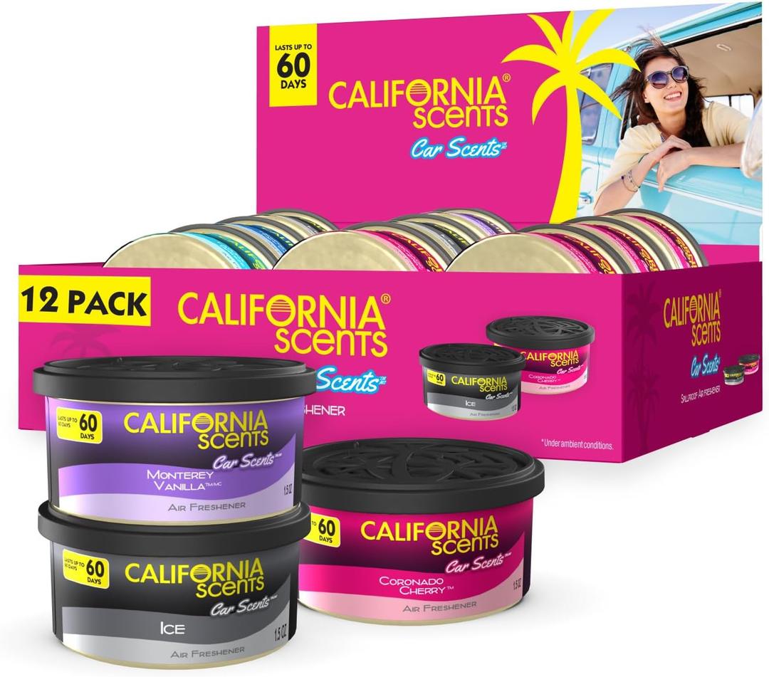 Can Air Freshener and Odor Neutralizer by California Scents, Set of 12 Spillproof Cans for Home and Car, Assorted Scents, 1.5 Oz Each